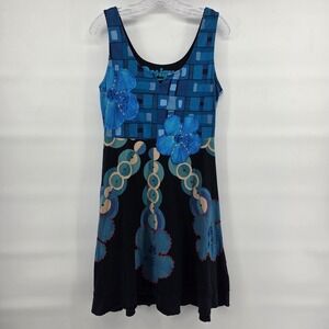 Desigual Sleeveless Dress L Blue Black Graphic Art-inspired Eclectic Boho